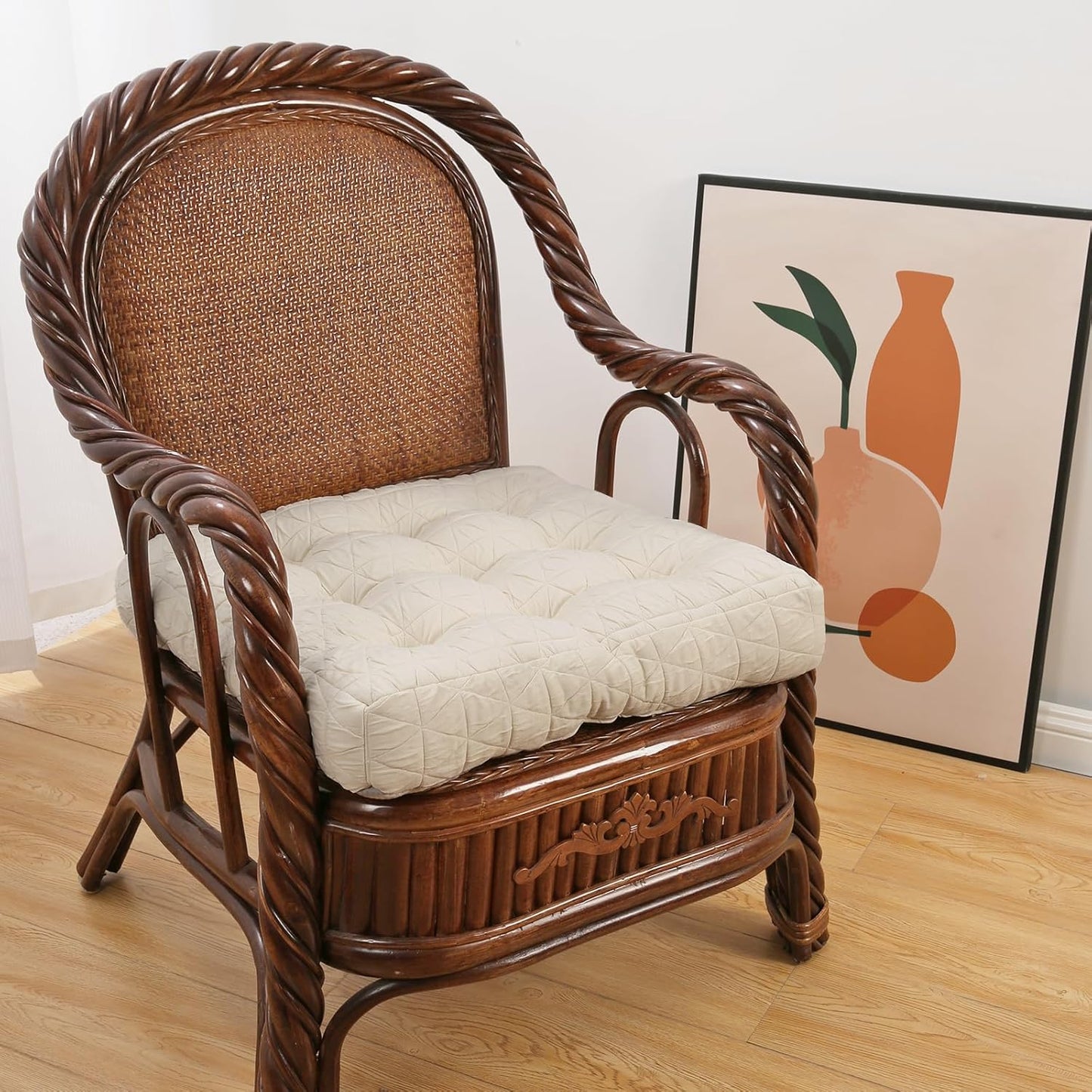 Large Chair Cushions with Handle, 20"x 20" Bite-Size Memory Foam Seat Cushions for Wicker Chair, Patio Non-Slip Rattan Chair Pads, Square Floor Cushion, Beige