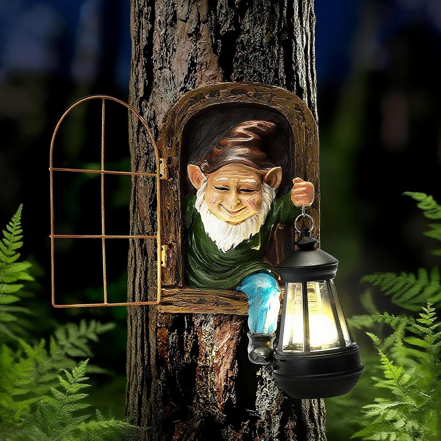 Garden Gnome Decor Outdoor Statue - Gnome With Solar Waterproof Lantern, Whimsical Elf Out The Door Tree Hugger Garden Statues, Home, Fence, Patio, Resin Ornament, Gardening Gift Tree Faces Gnomes