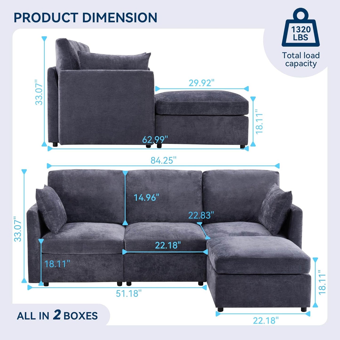 Tbfit Convertible L Shaped Couch, Sectional Sofa for Living Room,Chenille Cloud Couch with Ottoman 4 Seat (Grey)