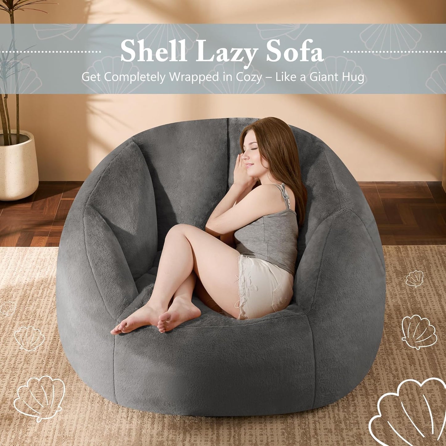Giant Bean Bag Chaise Lounge Indoor Chair for Adults - Comfy Plush Round Shell Soft Accent Chair, Oversized Cozy Floor Sofa for Living Room, Bedroom & Game Rooms, Gray