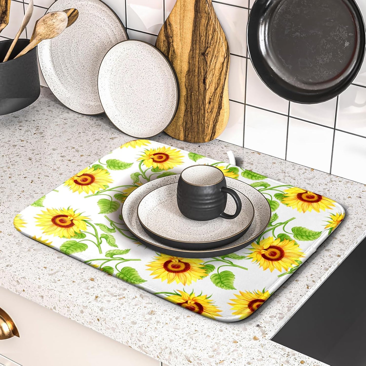 Sunflower Dish Drying Mat for Kitchen Counter Spring Summer FLoral Seasonal Absorbent Reversible Microfiber Kitchen Countertop Protector Dishes Pad Small 16x18 inch