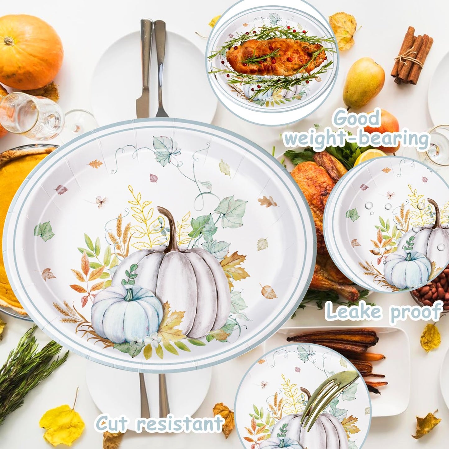 25 Pcs Fall Paper Plates Large 9" X 11" Thanksgiving Pumpkins Maple Leaf Disposable Autumn Dinnerware for Harvest Thanksgiving Party Decorations