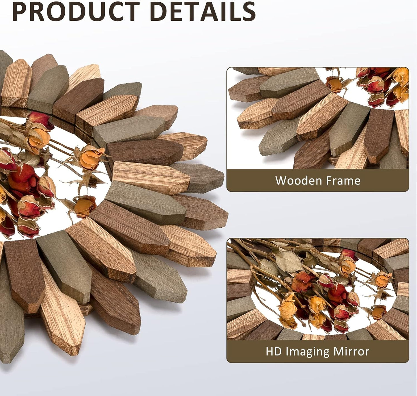 Honiway Boho Wall Decor 12 inch Decorative Mirror with Rustic Wood Sunburst Frame, Perfect for Bedroom, Living Room, Bathroom, Kitchen