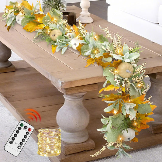 Fall Mantel Garland Decor for Home - 6 Ft Autumn Leaves Table Garlands with Lights Decorations for Thanksgiving and Halloween Leaf Centerpieces for Bedroom Tables Stair Porch Outdoor Farmhouse