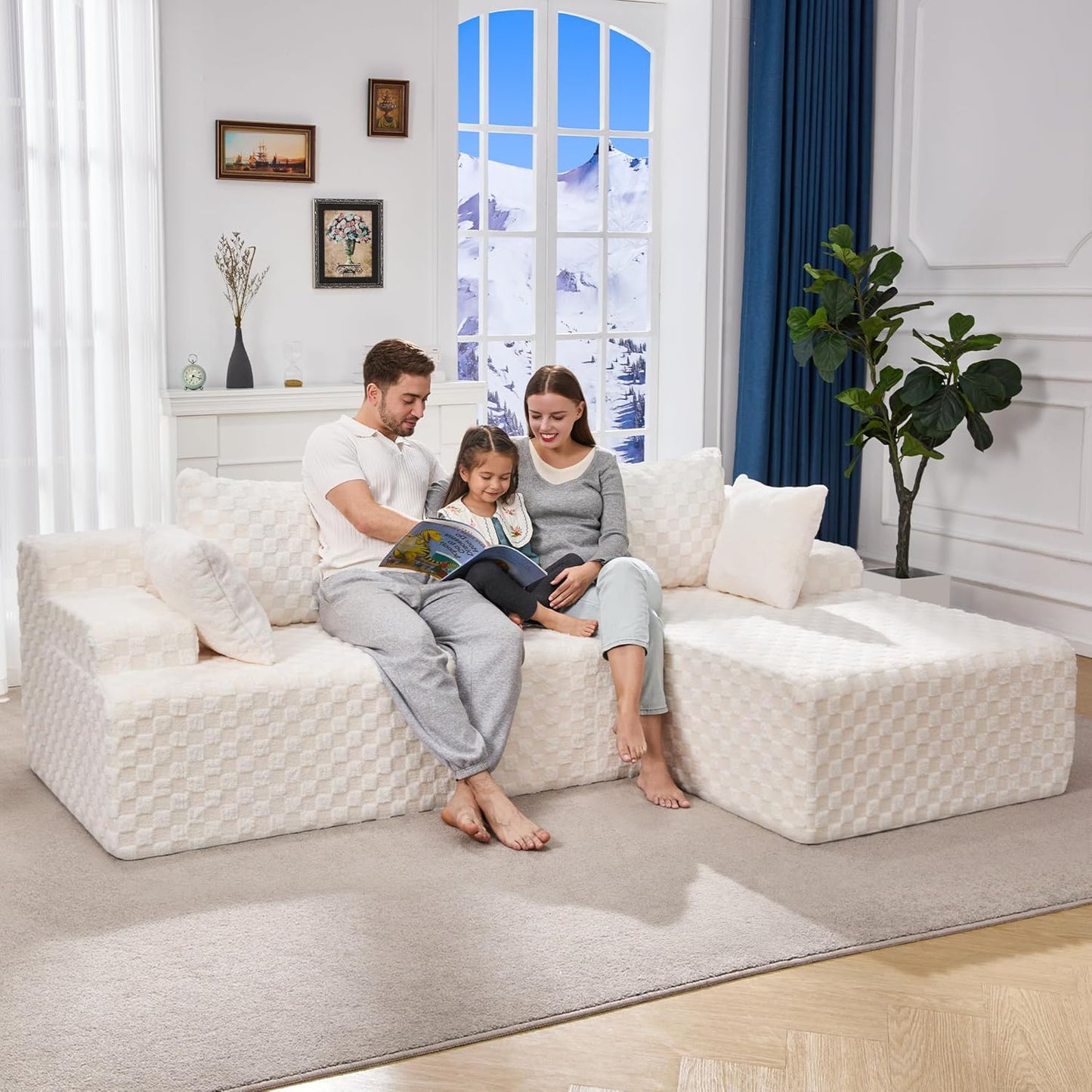Hobestluk 96“ Modular Sectional Sofa Couches L-Shape Couch 3 Seat Modular Sofa Memory Foam Sectional Couches for Living Room, Cloud Couch with Oversized Chaise (White, Checked (Right Facing Chaise))