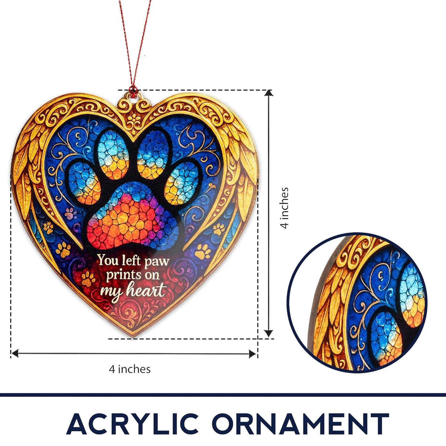 Pet Memorial Ornament – Paw Prints on My Heart | Dog Cat Loss Gift – Rainbow Bridge Keepsake – Sympathy Bereavement Christmas Tree Decoration – Car Hanging