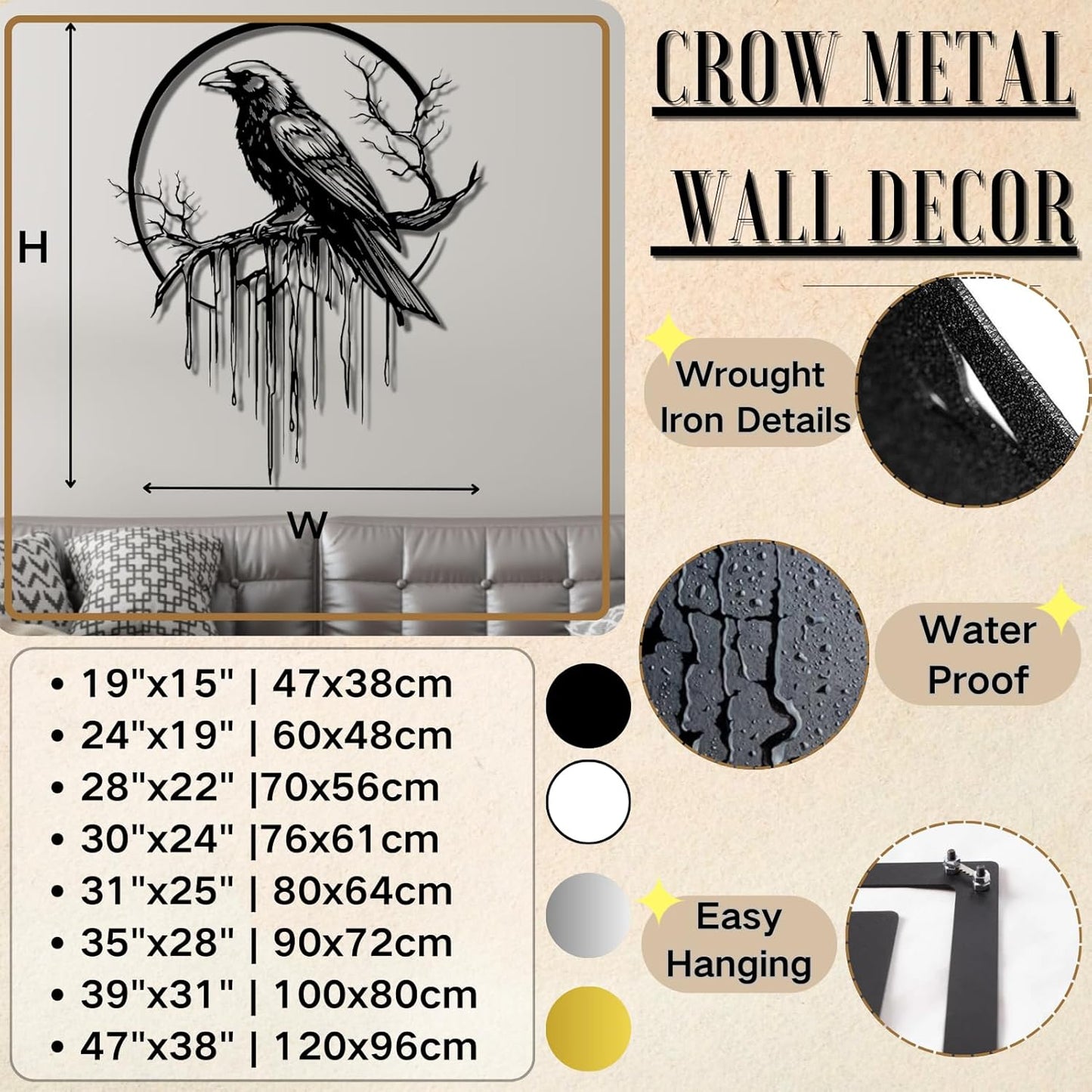 Crow Metal Wall Decor, Raven Wall Art, Large Gothic Raven Decor Hangings, Bird Wall Decor, Metal Tree Branch Decor, Ravens Sign, Raven Art for Living Room (Silver, 24"x19" | 60x48cm, metal wall art)