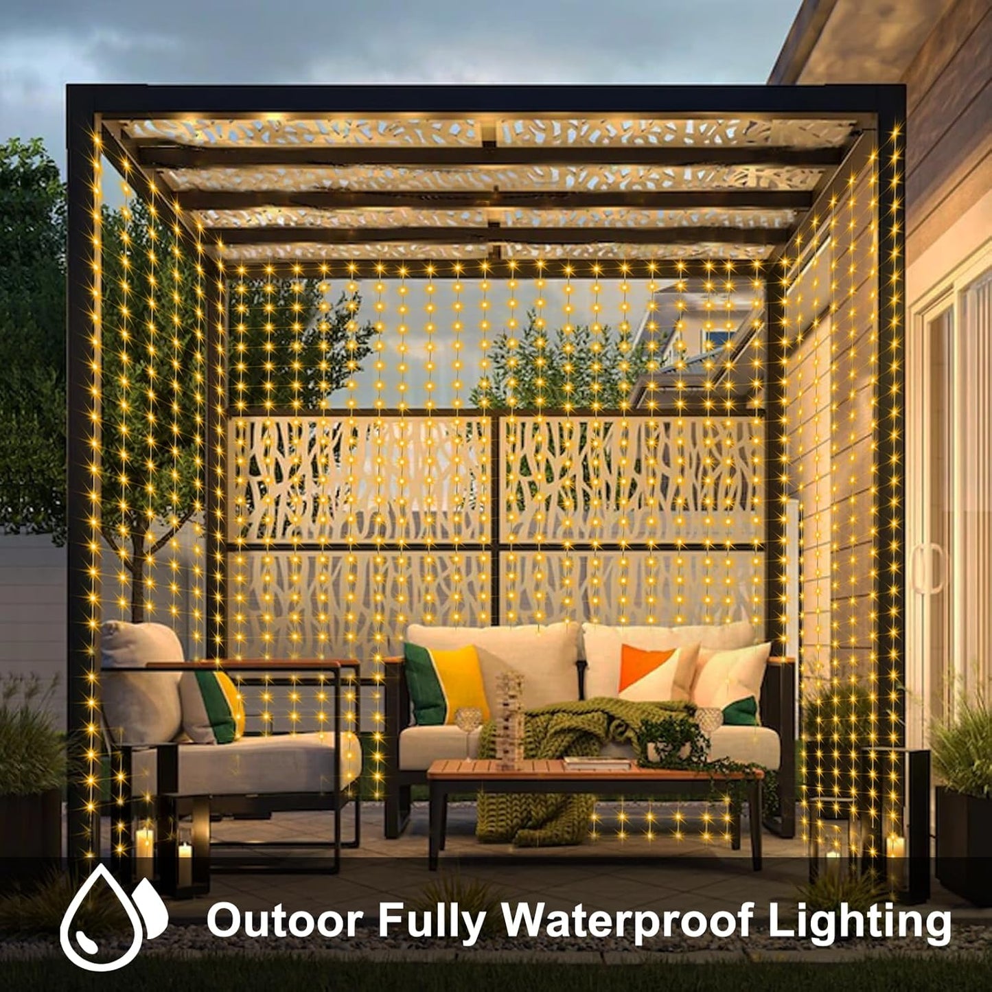 Curtain Lights Battery Operated 200 LED Curtain Fairy Lights 6.6×6.6ft with Remote Timer Outdoor Wall Light Fully Waterproof for Wedding Backdrops Bedroom Decor (Warm White)