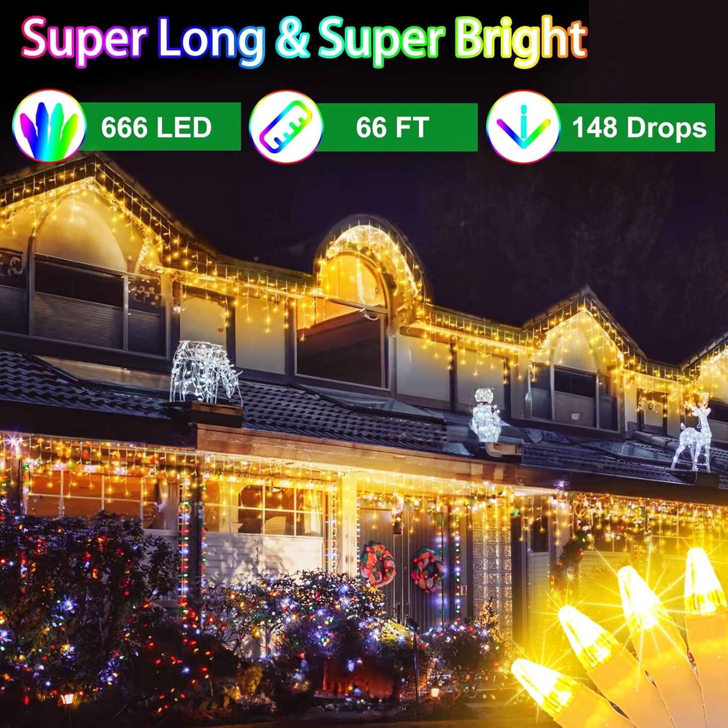 66FT 666 LED Outdoor Christmas Lights - 148 Ice Drops, 12 Pro Modes with Timer Memory & Brightness, Waterproof Hanging Ice String Light for Holiday Wedding Garden Fence House Decor (Warm White)
