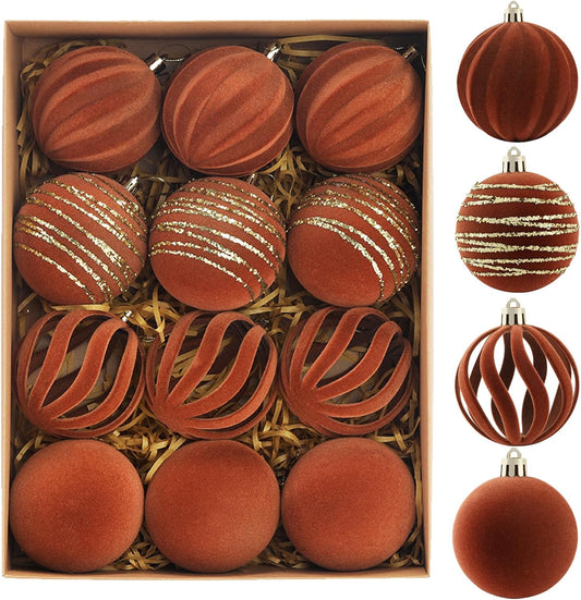 Christmas Ornaments Set of 12, 3.15" Flocked Velvet Balls with Hand Painted Designs, Brown Elegant Christmas Tree Decorations in Gift Box