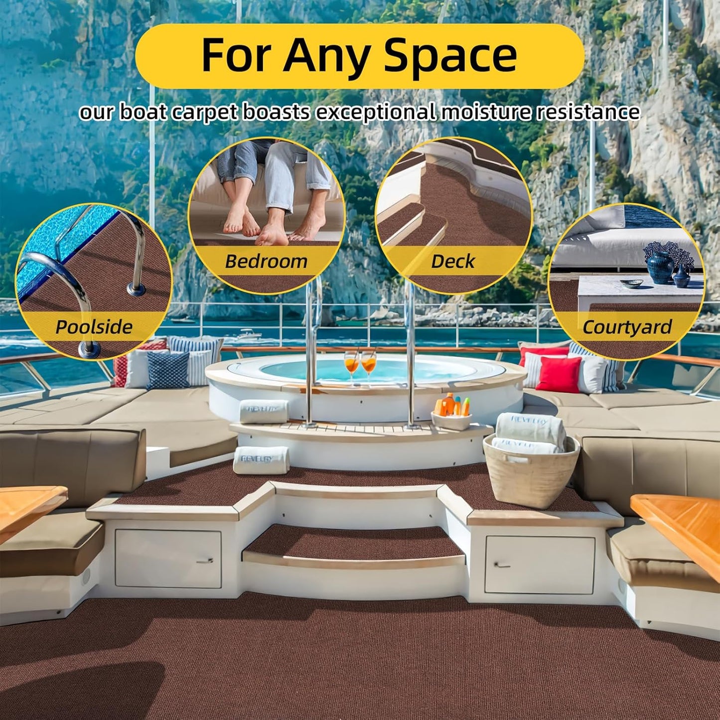 Marine Carpet,5 FT x 20 FT Brown Indoor Outdoor Carpet 0.2" Thick Boat Carpet with Water-Proof TPE Backing, Non-Slide Outdoor Marine Carpet Roll for Home, Patio, Porch, Deck