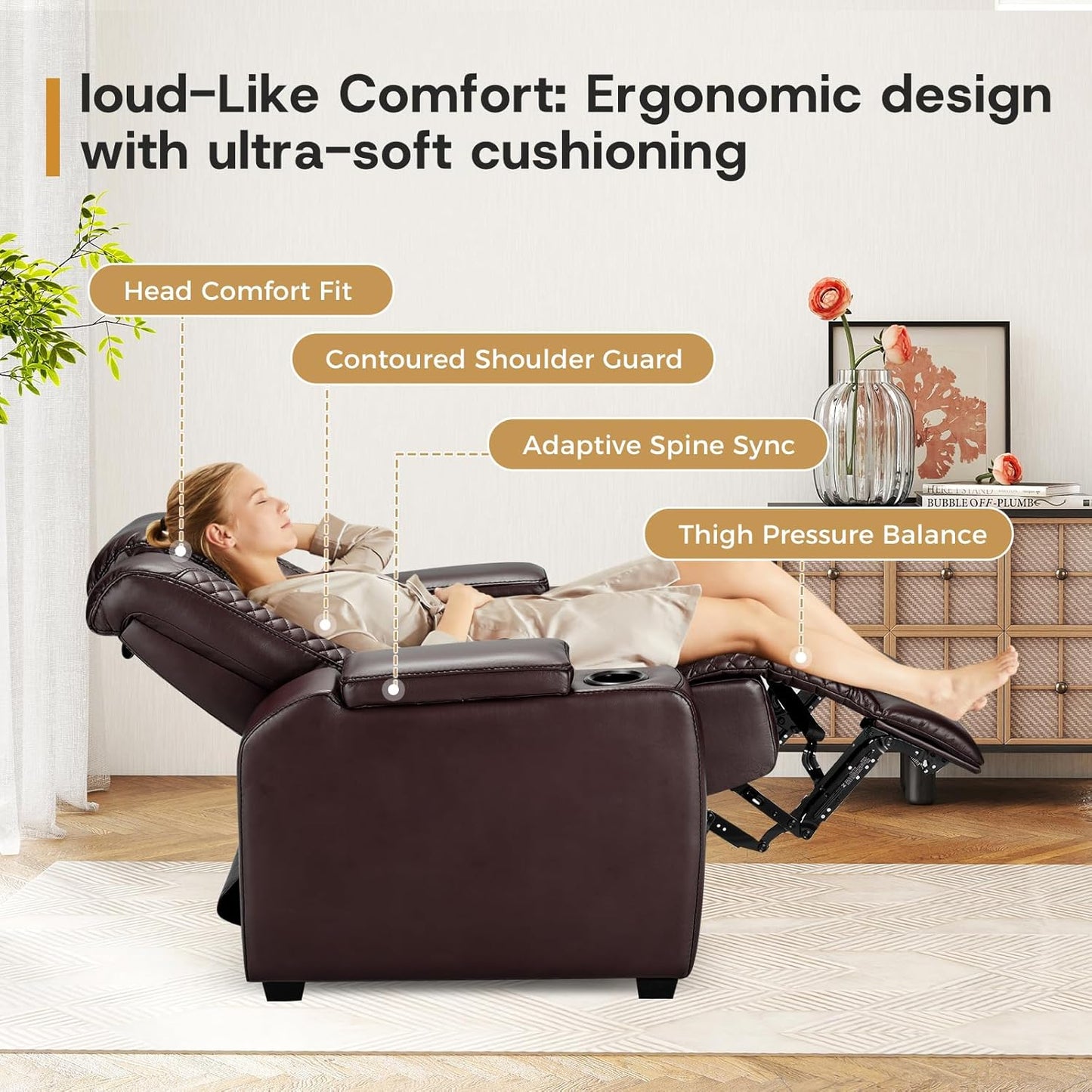 ANJ Power Home Theater Seating Set of 3, Brown Faux Leather Electric Recliner Chair with Powered Headrest, Dual Motors Movie Reclining Chairs with LED Lights,USB Port,Cup Holders, Hidden Arm Storage