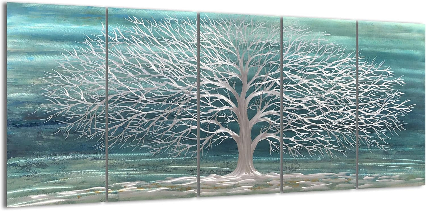 Yihui Arts Large Metal Wall Art Handcrafted Aesthetic Tree Pictures on Aluminum 5 Panels Teal and Silver Abstract Landscpae Artwork for Living Room Bedroom Dinning Decor