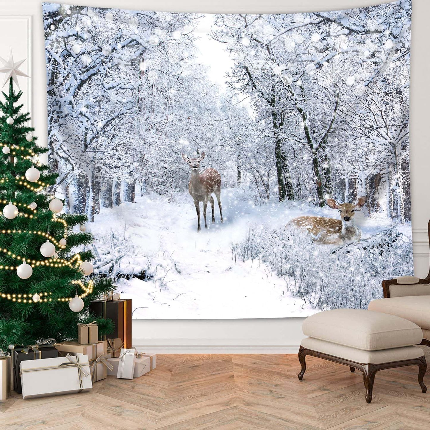 QGHOT Winter Tapestry Wall Hanging, Snow Scene Backdrop Winter Wonderland Wall Decor Snowy Forest Wall Art Nature Woodland Deer Tapestry for Bedroom Room Dorm Party Decoration, Extra Large