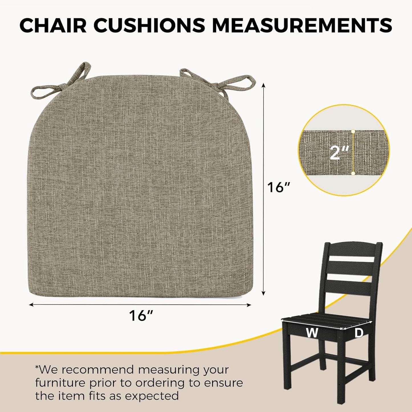 downluxe Indoor Chair Cushions for Dining Chairs, Soft and Comfortable Textured Foam Kitchen Chair Pads with Ties and Non-Slip Backing, 16" x 16" x 2", Khaki, 4 Pack