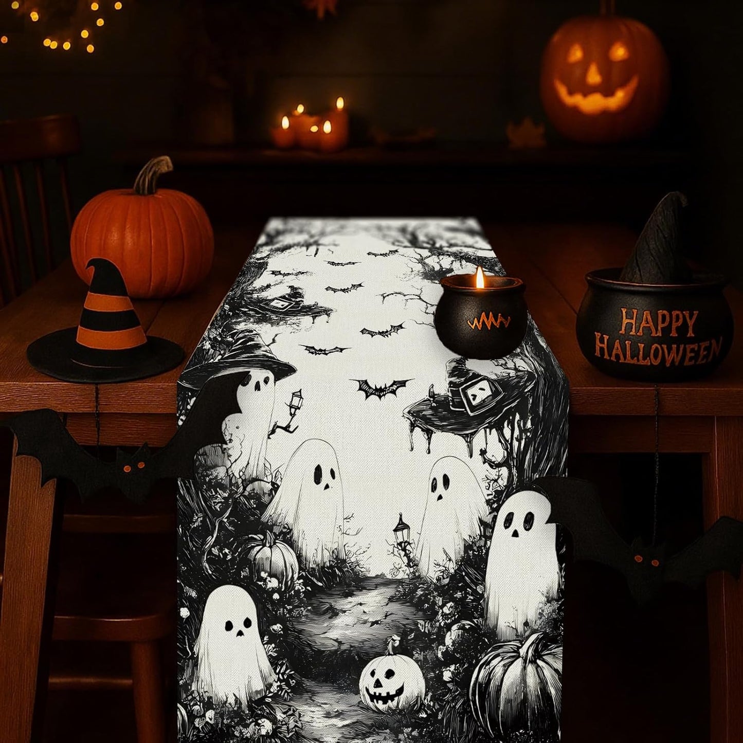 GPGHE Halloween Table Runner Black Ghost Holiday Burlap Table Decoration Indoor Outdoor Home Decor Party Supply 13 x 48 Inch