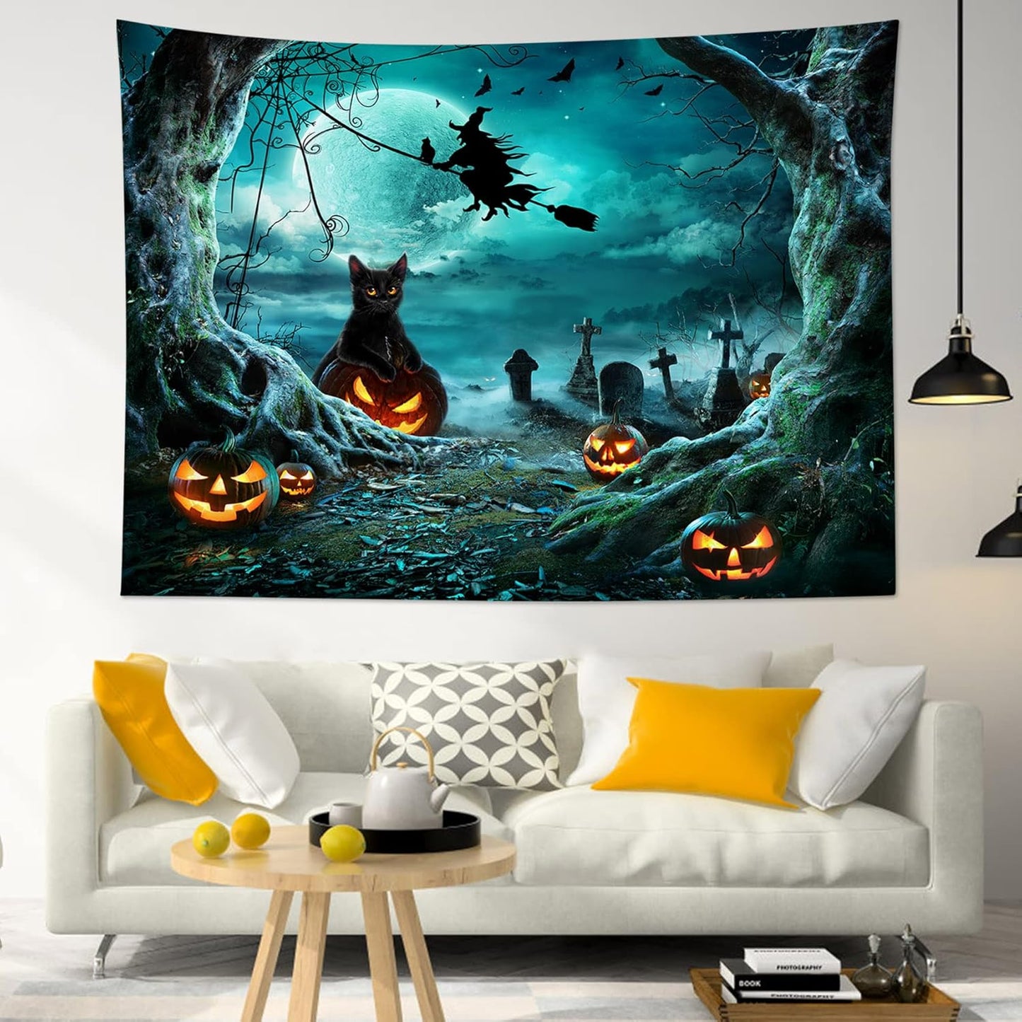 LB Halloween Tapestry Pumpkins Black Cat Dead Tree in Spooky Graveyard Full Moon Night with Witch Halloween Wall Hanging for Bedroom Living Room Dorm Decor 92.5x70.9 Inch