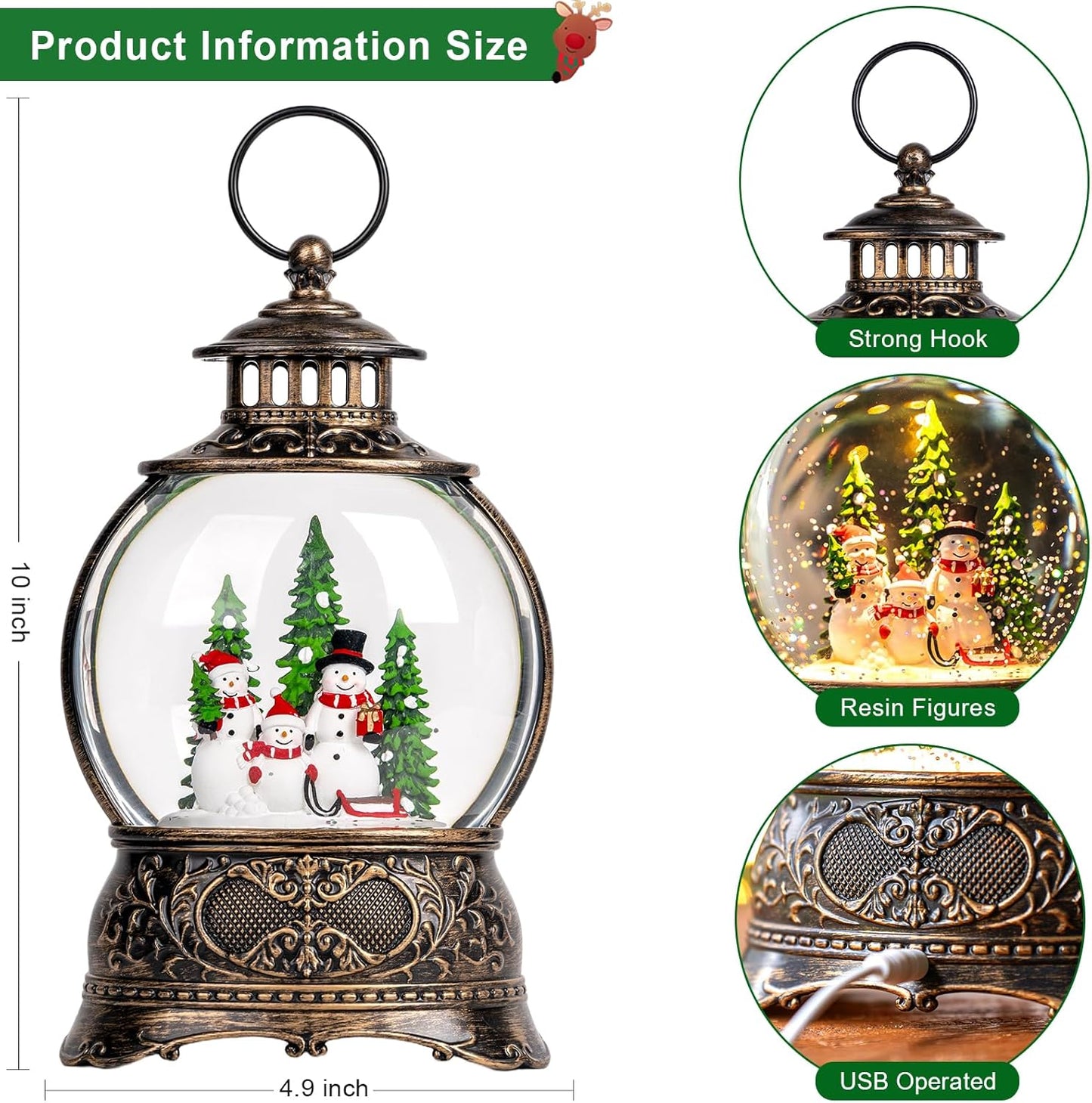Christmas Snow Globes Christmas Water Lantern with Snowman Family with sled Christmas Tree Music & 6H Timer, USB Lined/Battery Operated Lighted Lanterns for Xmas Festival Decoration Gifts