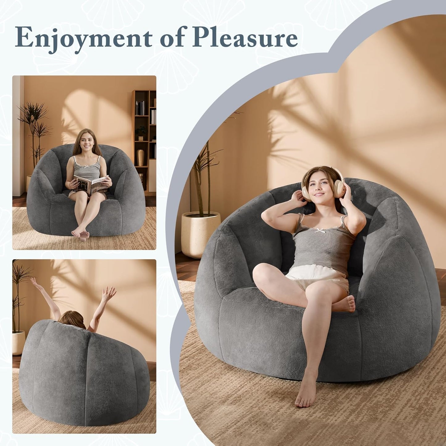 Giant Bean Bag Swivel Chair for Adults - Comfy Plush Round Shell Soft Accent Chaise Lounge Indoor Reading Chair, Oversized Cozy Floor Sofa for Living Room, Bedroom & Game Rooms, Dorm, Gray