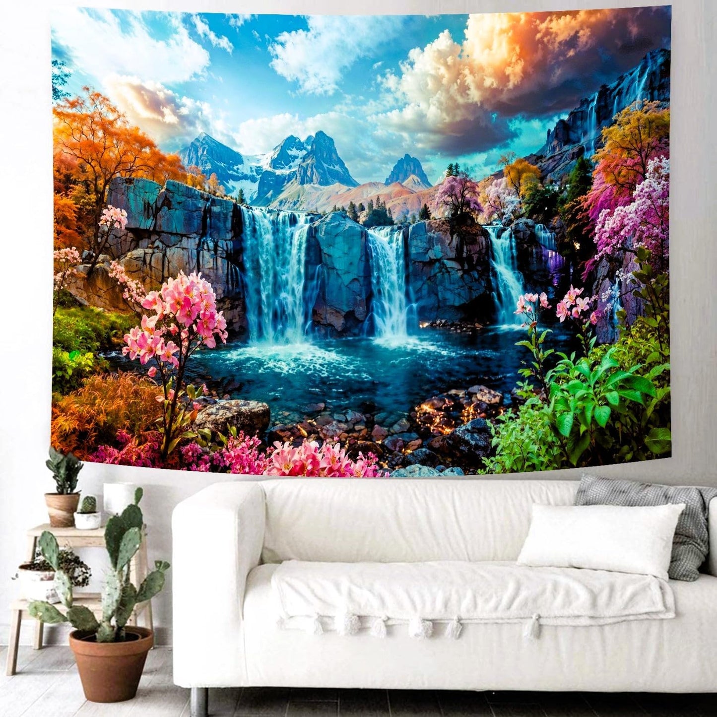 Delur Waterfall Tapestry Tropical Forest Mountain Sunset Tree Wall Hanging Tapestry Scenic Rainforest Landscape Nature Sunrise Headboard for Bedroom Living Room Home Decor (70.8" x 92.5")
