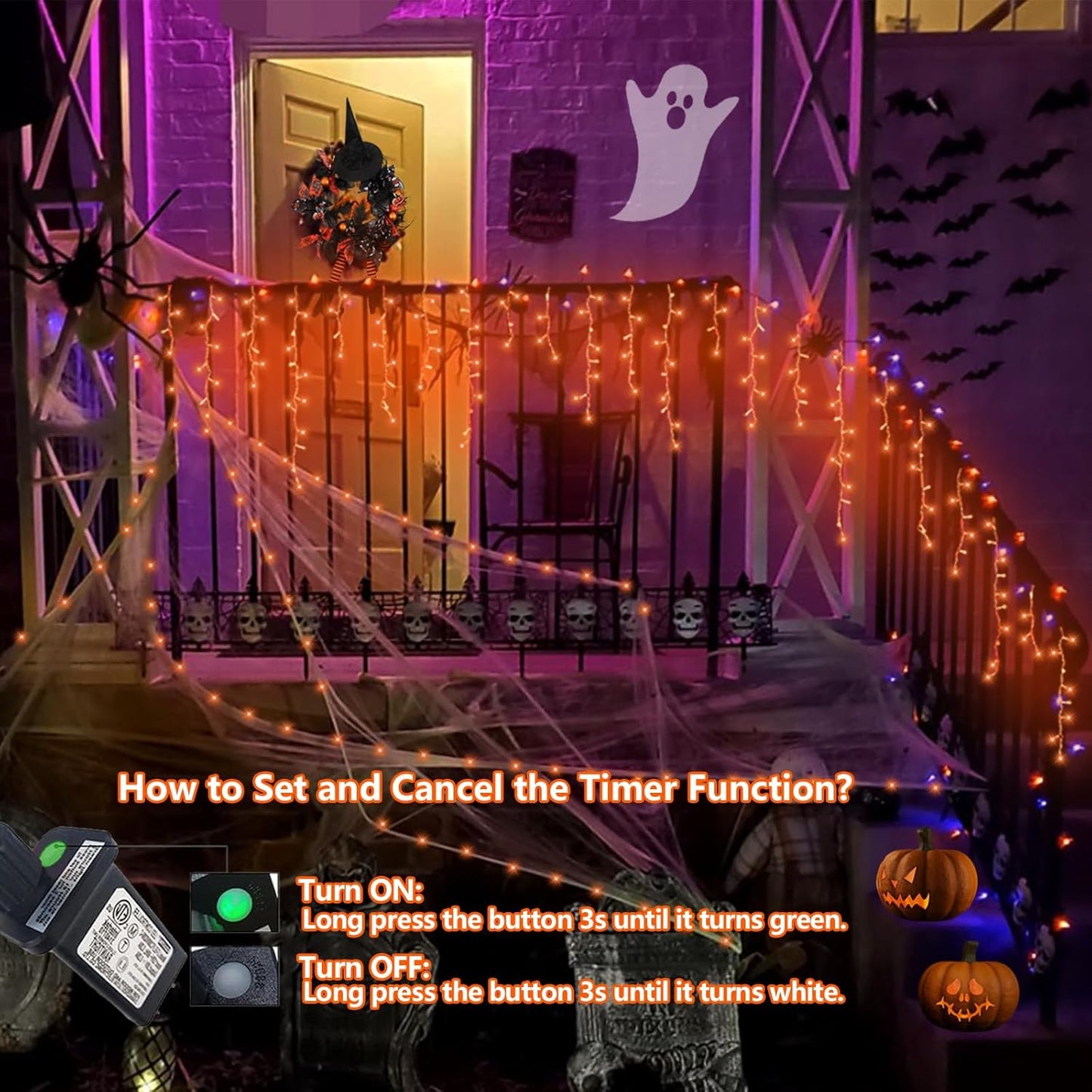 QITONG Orange Lights for Halloween, 66ft 800 LED Icicle Light for Outside with 8 Modes, Clear Wire Connectable Christmas Lights Indoor Plug in