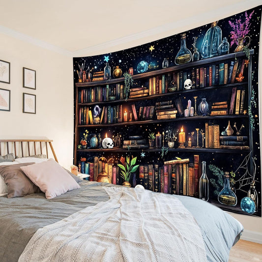 HVEST Magic Bookshelf Wall Tapestry Vintage Bookshelf Witchy Books Plant Skull Gothic Halloween Tapestry Wall Hanging Starry Sky Tapestries for Bedroom Living Room Dorm, 70.9L x 92.5W Inches
