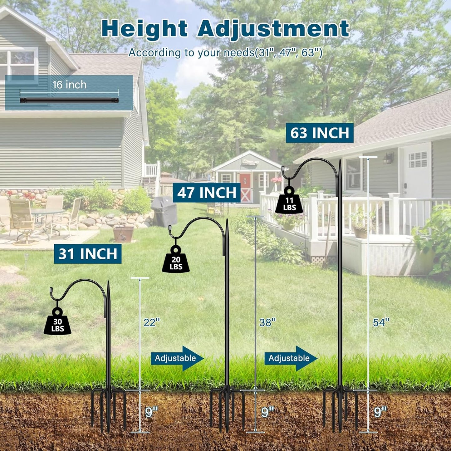 Gtongoko 63 Inch Shepherds Hooks for Outdoor with 5 Prongs Base, Adjustable Bird Feeder Pole Garden Hooks for Hanging Lanterns, Plants Baskets, Hummingbird Feeders, 1 Pack
