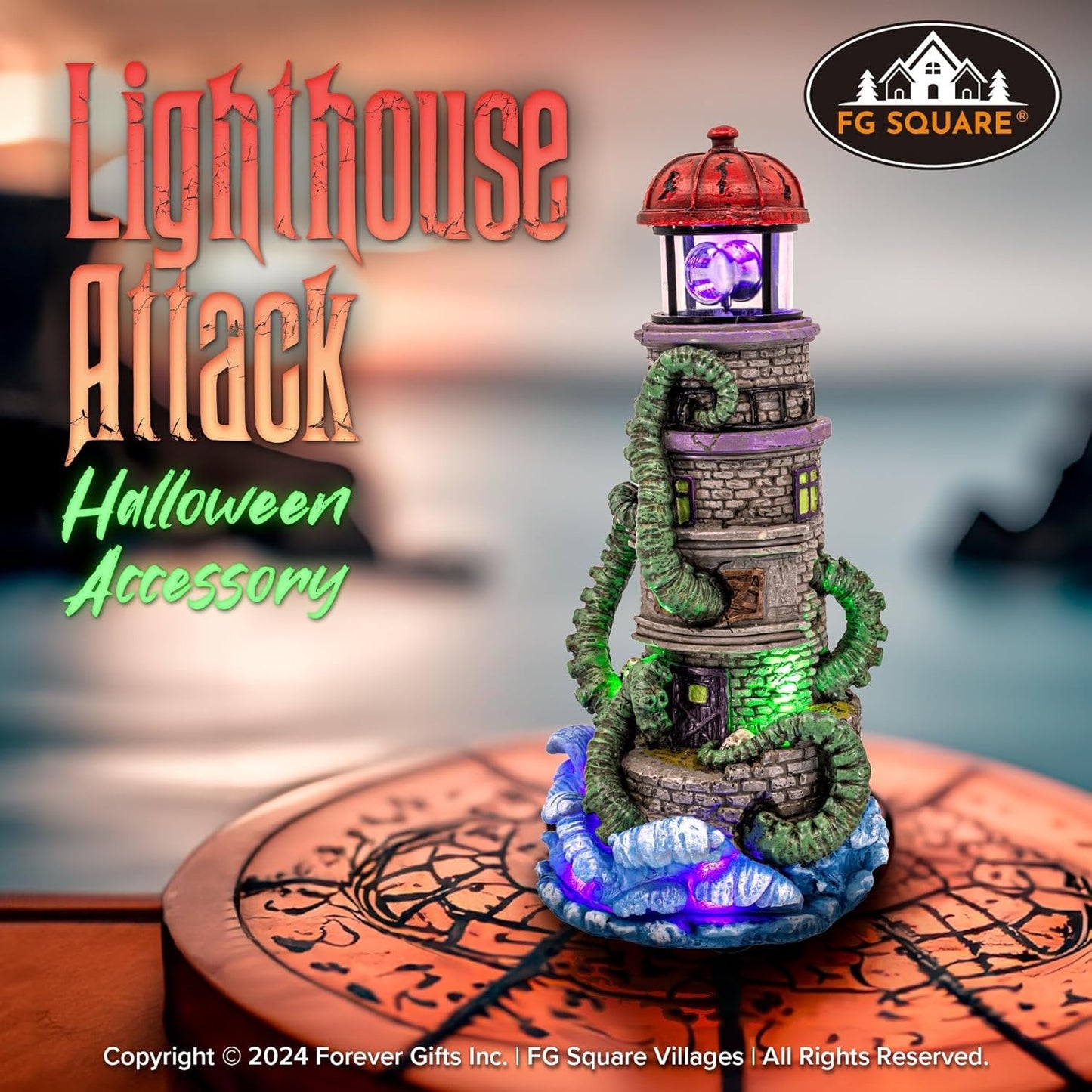 Lighthouse Attack Kraken Theme Spooky Halloween Village Multi-Color LED Lights, Animated Rotating Food Light and Music 6" x 5.5" x 12"