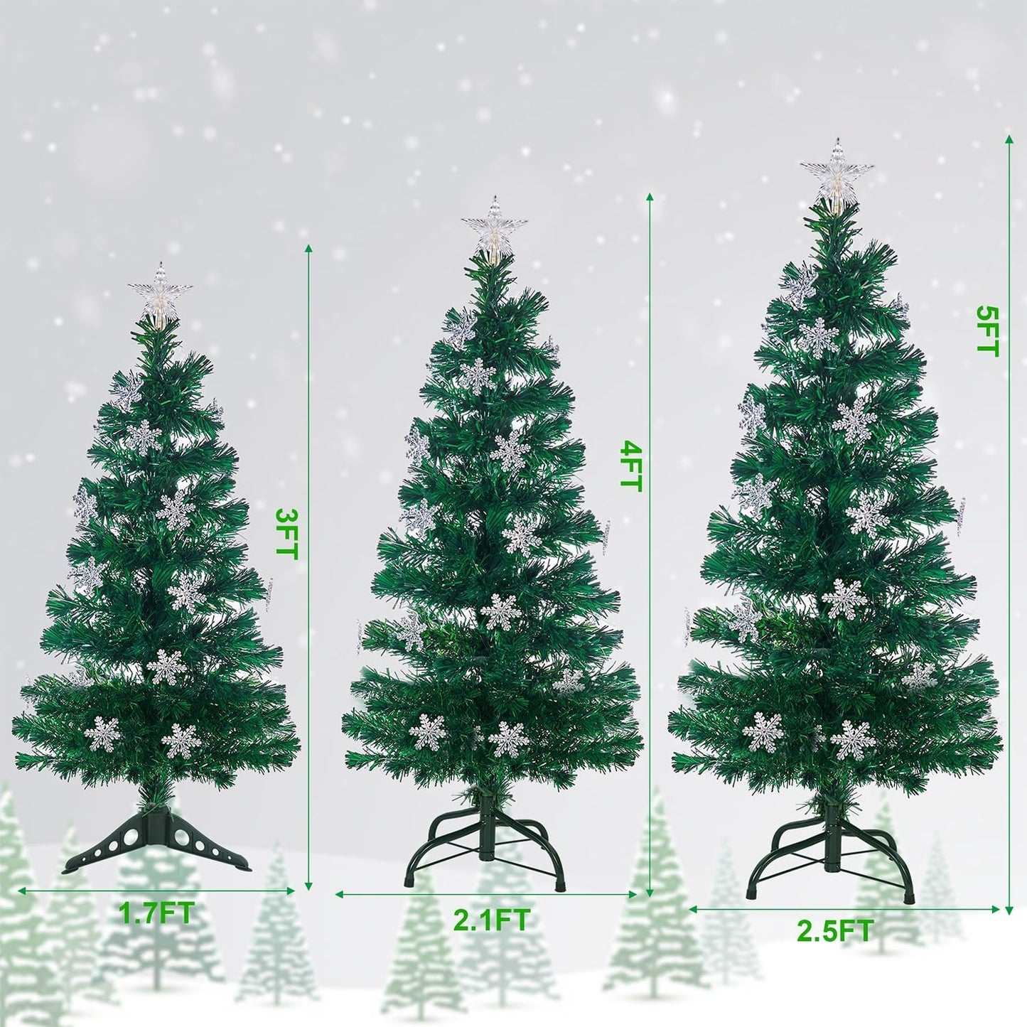 Juegoal 3 ft Pre-Lit Green Artificial Christmas Tree, Lighted Optical Fiber Table Mini Xmas Trees with Color Changing Lights, Snowflakes & Top Star, Fake Multicolored Tree for Festive Party Holiday