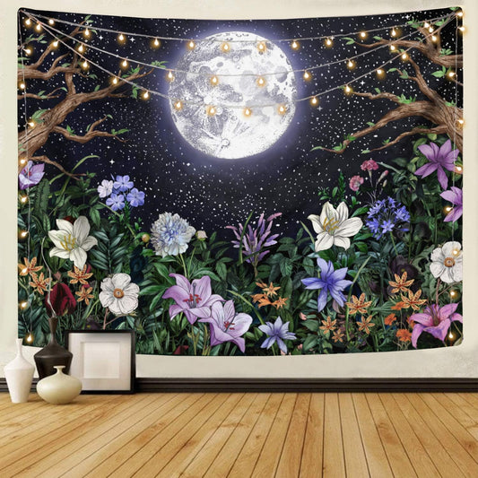 Neasow Aesthetic Moon Garden Tapestry Wall Hanging, Night Landscape with Colorful Plants Floral Tapestries for Bedroom Home Decor Multi Color 50×60 inch (130cm×150cm)