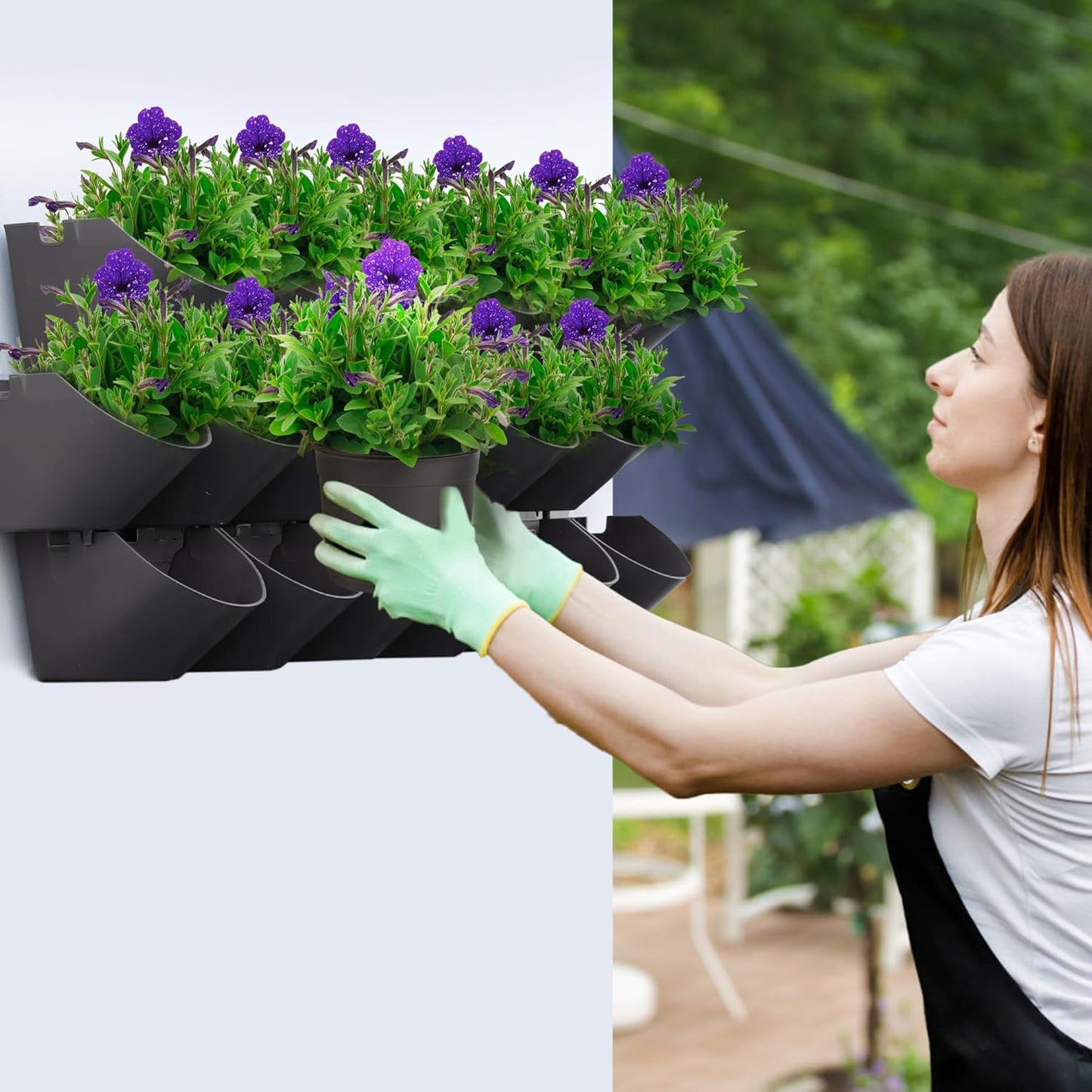 Worth Garden Upgraded 6 Sets (18 Pockets) Self Watering Stackable Vertical Planters - Wall Mounted Plastic Plant Grow Pots fr Strawberries Flowers Herbs - Indoor Outdoor Green Wall Decoration (Black)