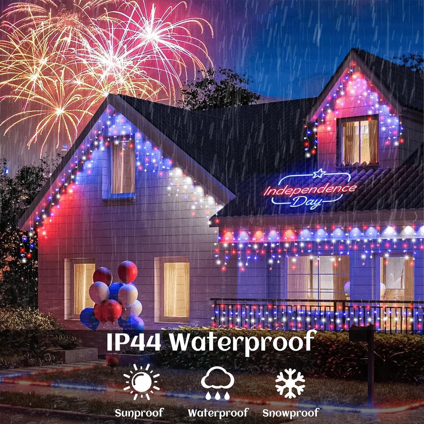 Red White and Blue Lights for 4th of July Decor, 33ft Icicle Lights for Outside Independence Day Decoration, 400 LED Christmas Light Outdoor Indoor with 120 Drops Clear Wire Connectable for Holiday