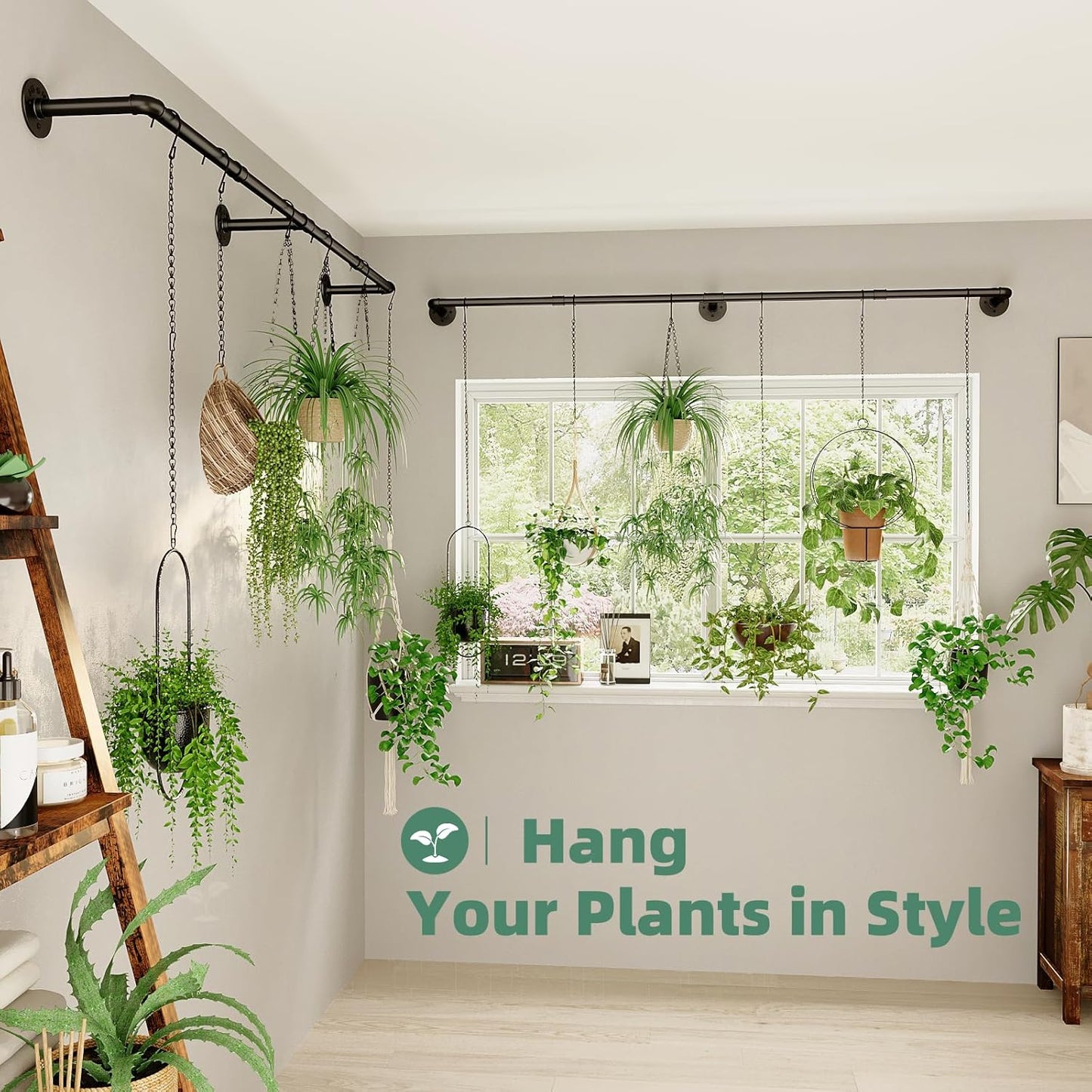Plant Hanger Indoor with 12 Hanging Chains Hanging Planters for Indoor Plants Hanging Plant Holder Window Plant Rod Black Metal Shelves 70.8 Inch 2PCS Pot not Included