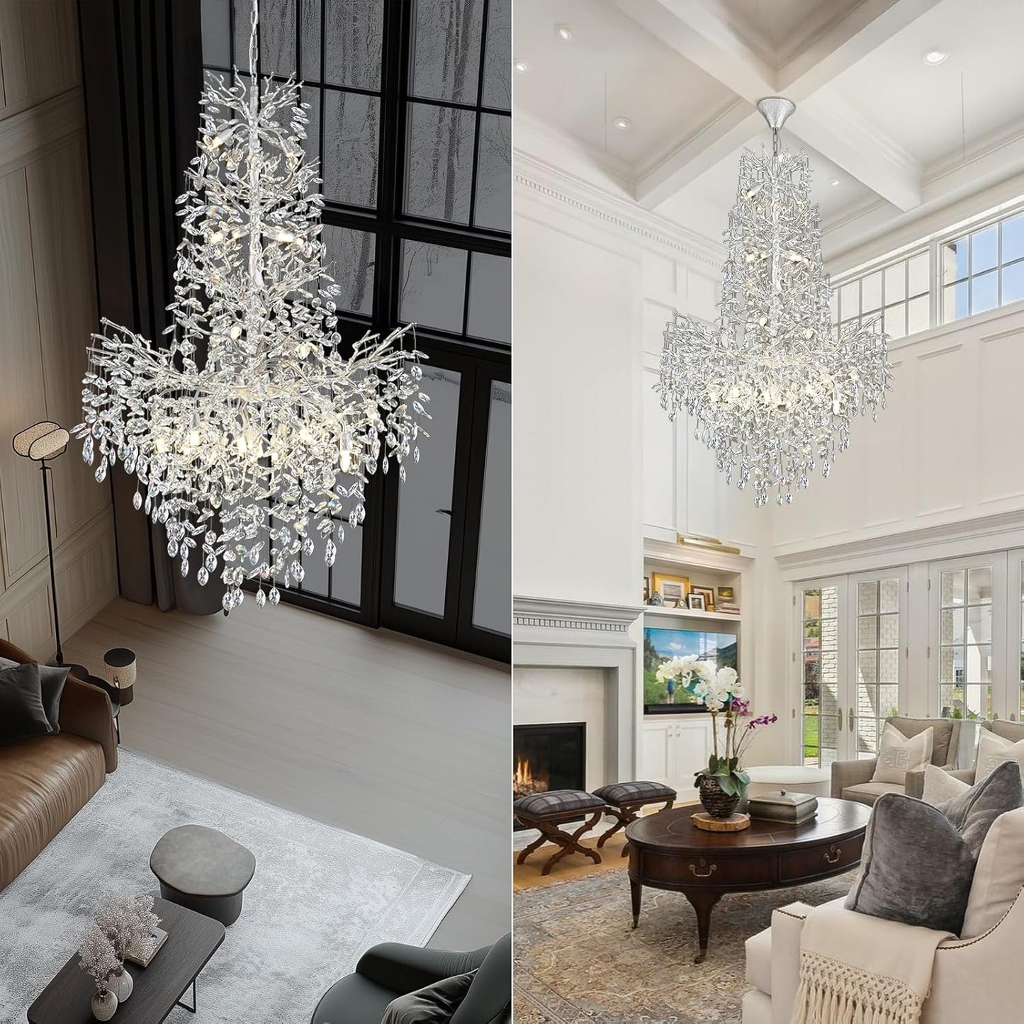 H61'' Modern Silver K9 Crystal High Ceiling Chandeliers, 23-Lights Staircase Chandeliers,Large Crystal Tree Branch Chandelier, D40'' Foyer Chandelier,for Living Room,Entryway