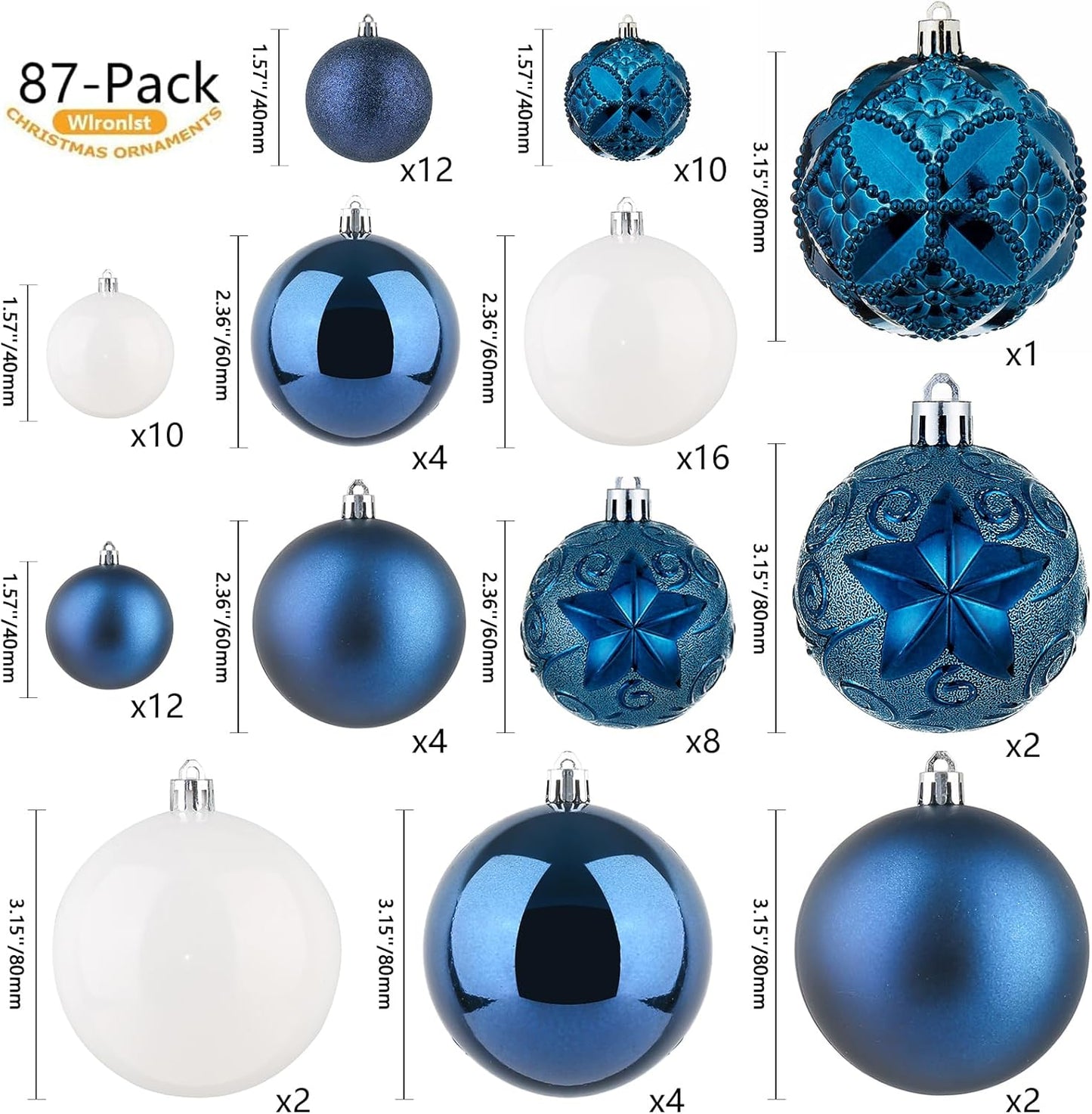 87-Pack Shatterproof Christmas Ball Ornaments Set, Christmas Tree Decorations with Hand-held Gift Package for Xmas Tree Holiday Wedding Party (Blue)