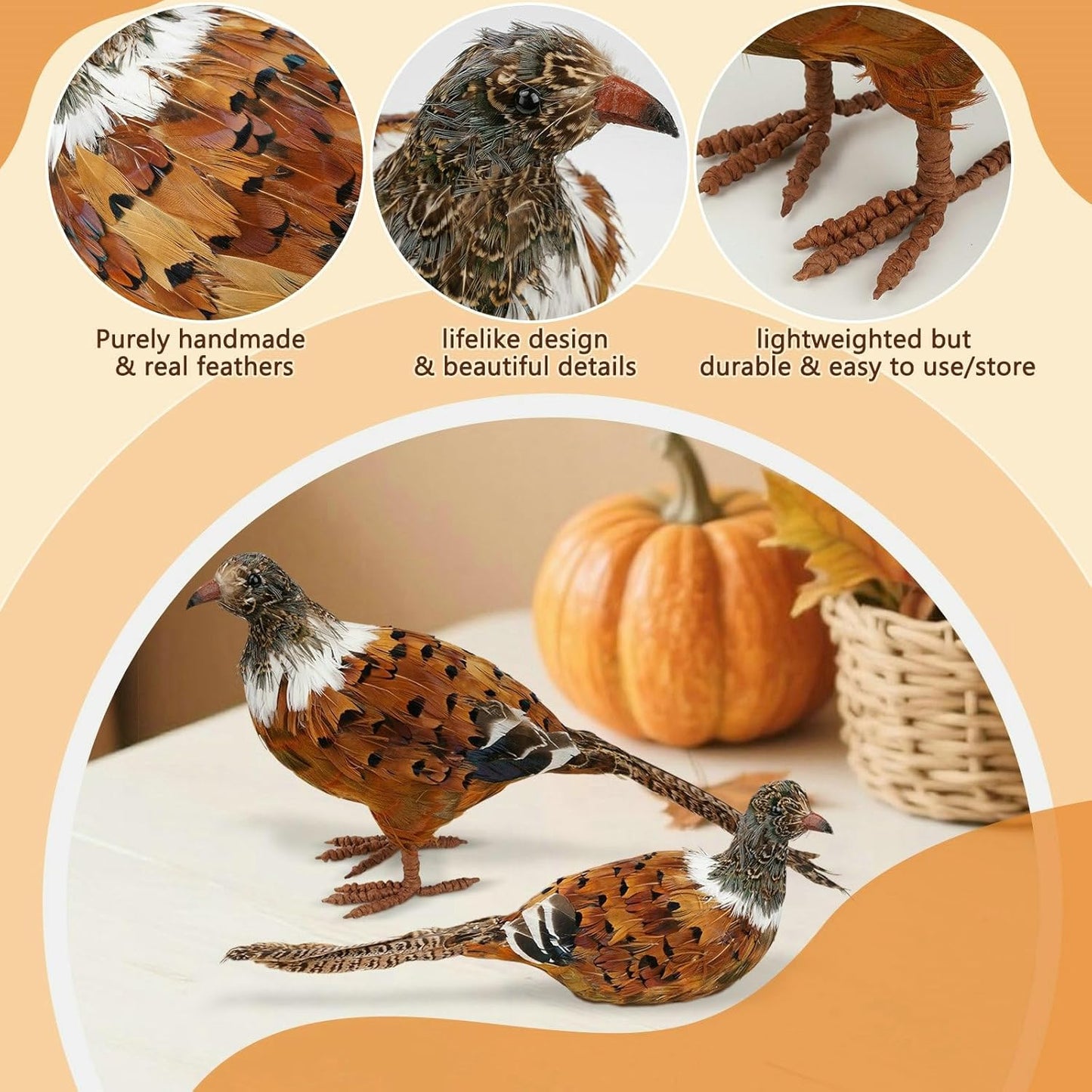Nature Vibe Feathered Pheasant Decor Set of 2,Simulation Woodland Animals Figurines with Natural Pheasant Feathers as Fall Home Decor or Gifts for Autumn Harvest Festival