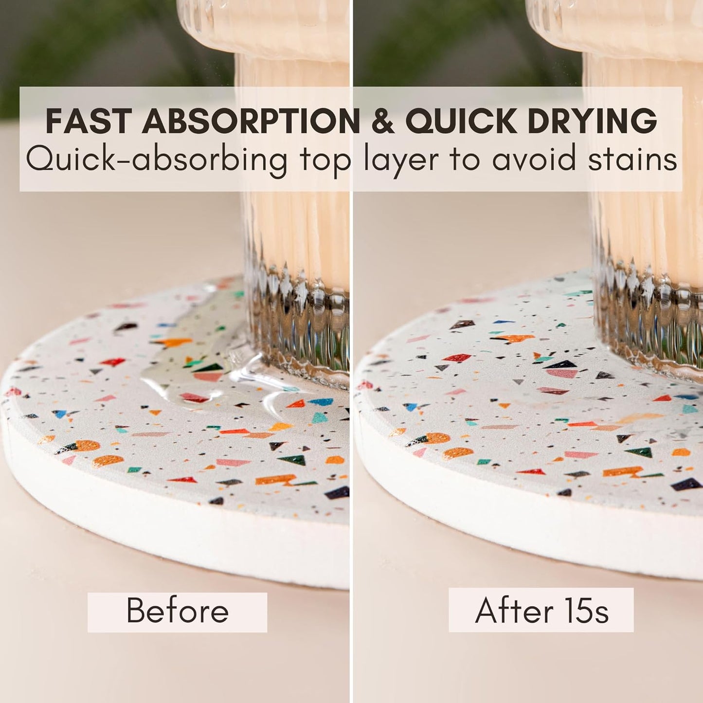 Terrazzo Drink Absorbent Coasters with Holder Set of 6, Ceramic Coaster for Drinks, Coffee Table Decor, Water Absorbing Stone Coaster for Drinks (Color Burst)