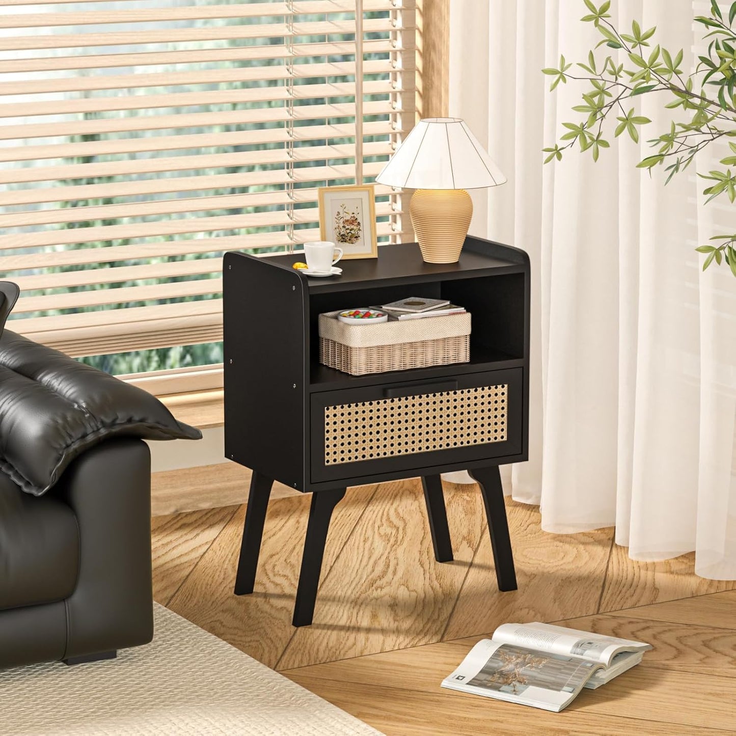 Lerliuo Rattan Nightstand, Bedside Table with Drawer Open Shelf, Cane Accent Side End Table with Solid Wood Legs, Black Mid Century Night Stand for Bedroom, Dorm and Small Spaces