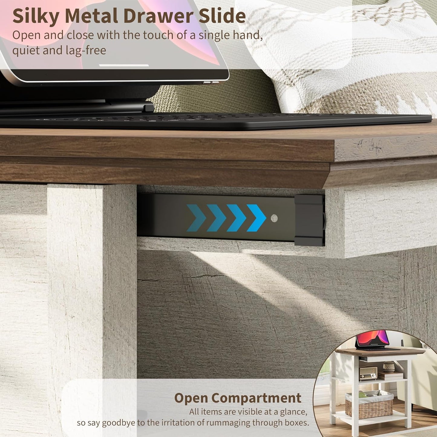 Rresyet Sliding Side Table Set of 2 with Charging Station & 2-Tier Storage,Farmhouse End Table, Wooden Nightstand for Bedroom & Living Room,White