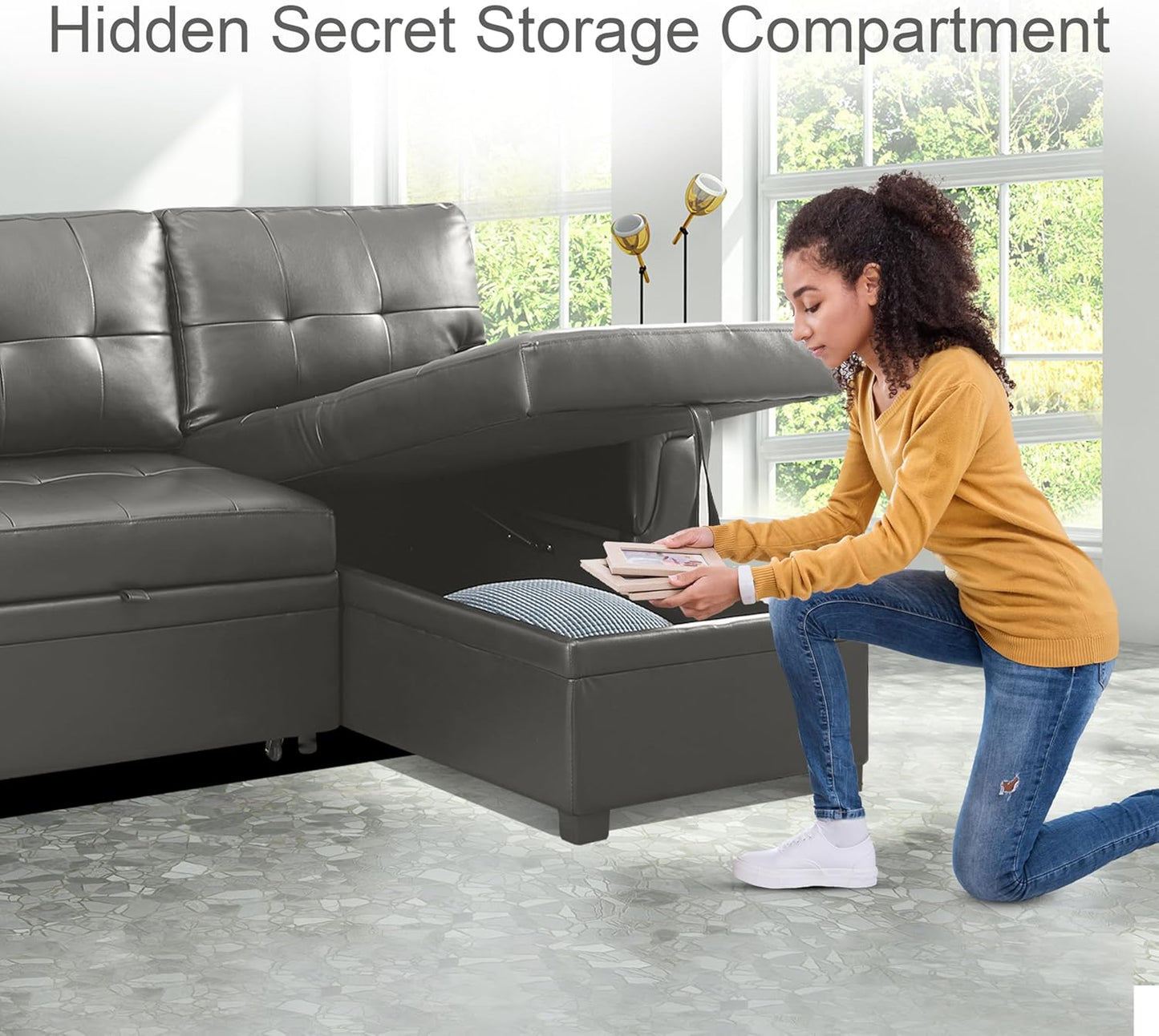 Naomi Home Modern Sectional Sofa with Storage Chaise Gray/Air Leather