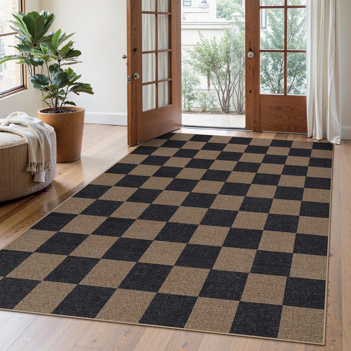 Lahome Checkered Easy Jute Living Room Rugs, 5x7 Black Dining Room Office Rug Farmhouse Washable Carpet, Checkerboard Neutral Non Slip Indoor Outdoor Carpet for Bedroom Entry Patio