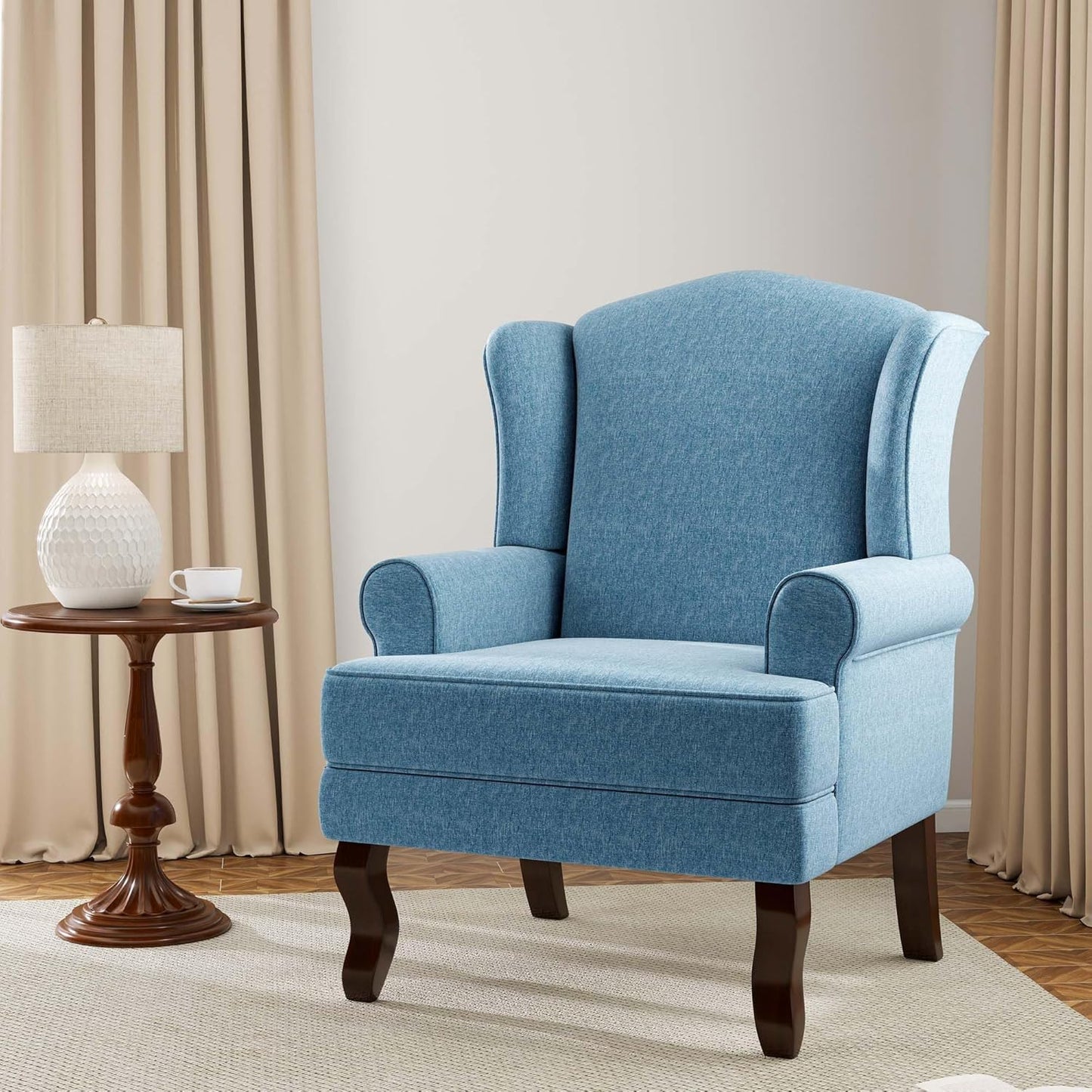 Accent Chair, High Back Upholstered Armchair with High Resilience Sponge & Wood Legs, Mid-Century Modern Comfy Single Sofa Reading Chairs for Living Room, Bedroom (Blue, Set of 1)