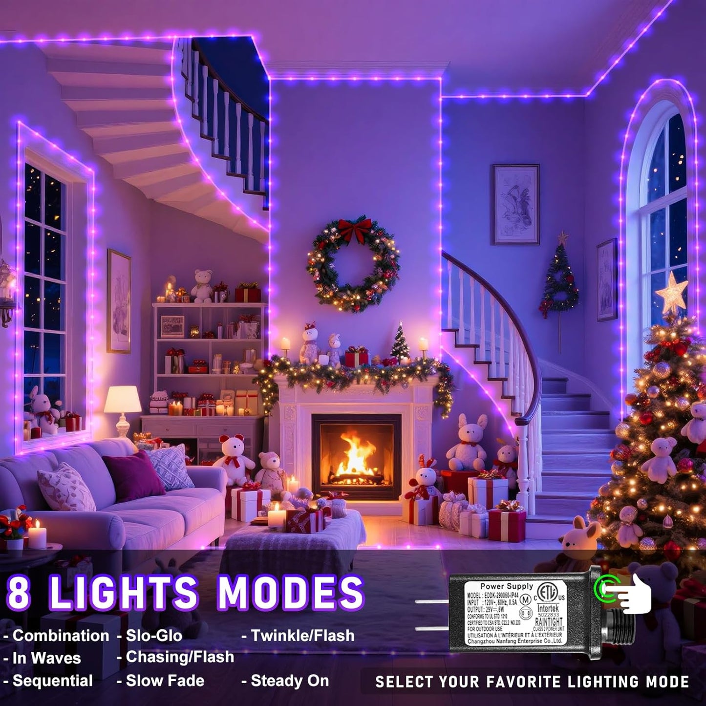 Purple Halloween Lights, 100FT 300 LED Rope Lights for Outside Waterproof with 8 Modes, Connectable Fairy String Lights for Indoor Patio, Trampoline, Garden, Pool, Holiday Decorations