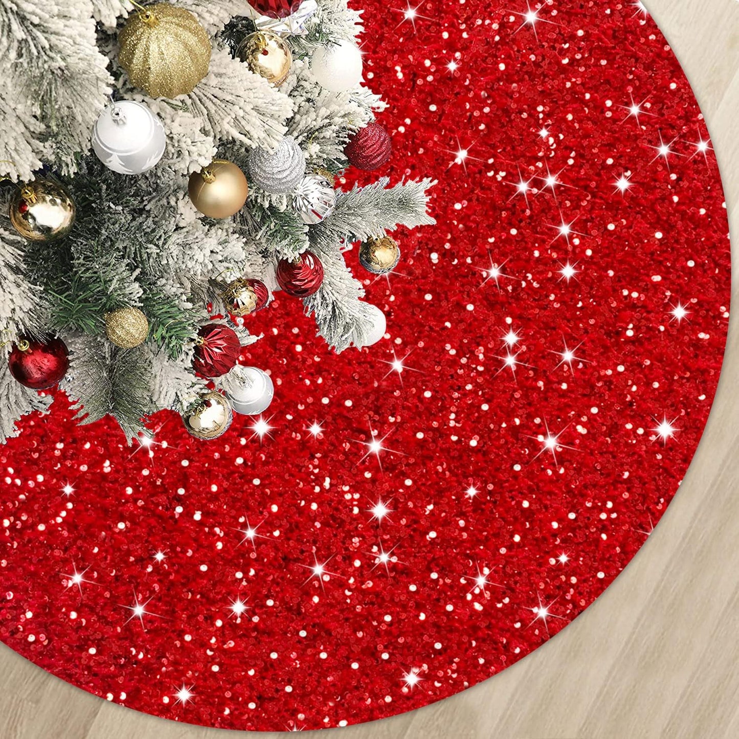 MODFUNS Red Christmas Tree Skirt Mini Glitter Tree Skirts 21 Inch Sequin Xmas Tree Skirt Thick Velvet Tree Mat Small Sparkly Tree Skirts Bling Christmas Tree Skirting Collar for Winter Holiday Decor