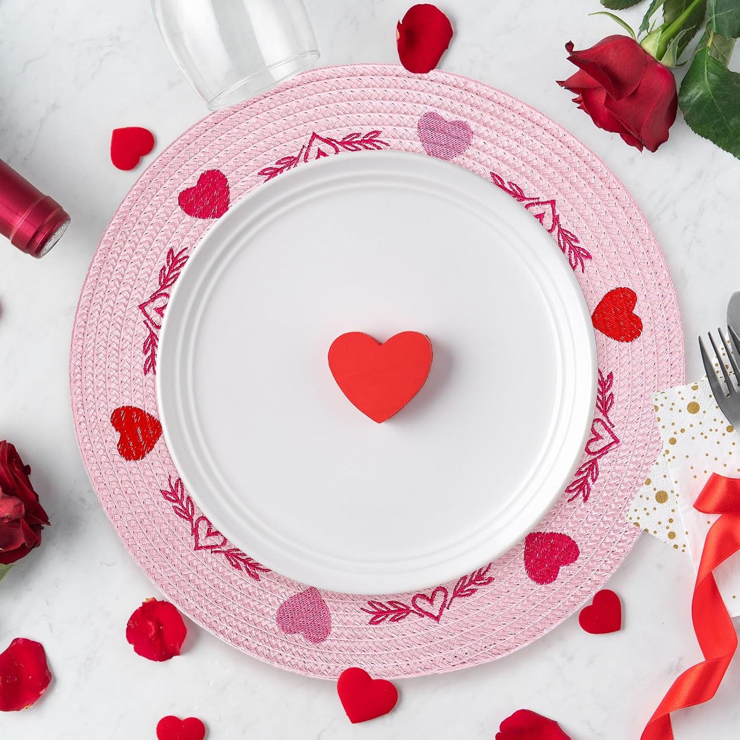 Whaline 4Pcs Round Valentine Placemats Red Pink Heart Embroidered Place Mats Decorative Dinner Table Mats for Home Wedding Anniversary Party Decor