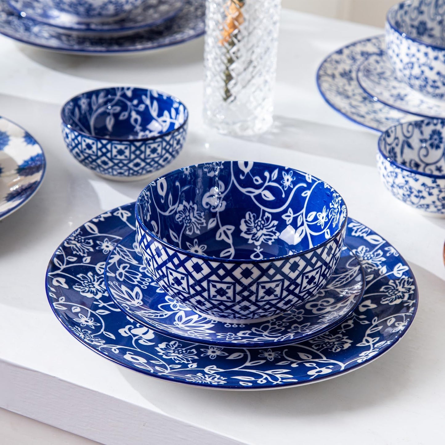 Ceramic Dessert Bowls Set - 11 Oz Small Ice Cream Bowl for kitchen - 4.7 Inch Porcelain Cereal Bowl for Fruits, Salad, Side Dishes, Ramen - Microwave Dishwasher Safe - Set of 6 - Vintage Blue