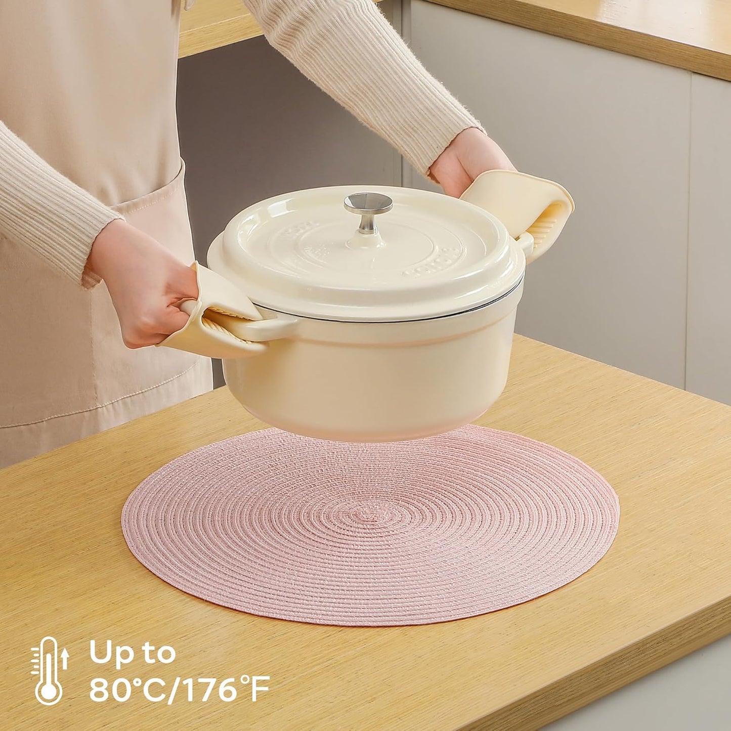 Leetaltree Round Placemats Heat and Slip Resistant Cotton Table Mats, Washable Bohemian Placemats for Dining Tables (Pink, Set of 6)