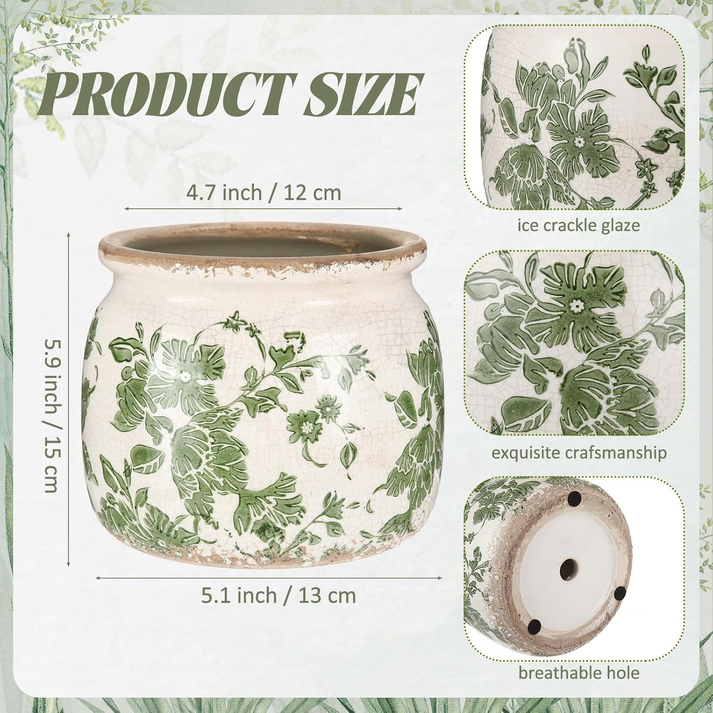 2 Pcs Vintage Planter Large Ceramic Plants Pot Beige Green Vintage Floral Ice Crack Cottage Scroll Vase Flower Vase Pot Indoor Plants Home Kitchen Decor Farmhouse Antique Decorative Gifts