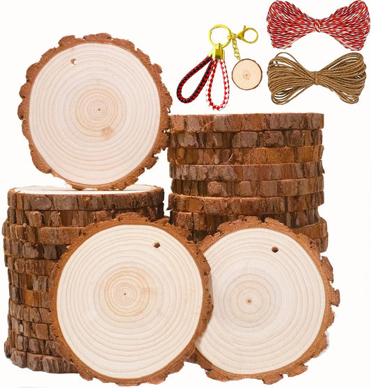 SENMUT Wood Slices 30 Pcs 3.1-3.6inch Natural Rounds Unfinished Wooden Circles Christmas Ornaments for Crafts Wood Kit Predrilled with Hole Wood Coasters, Craft Supplies for DIY and Painting