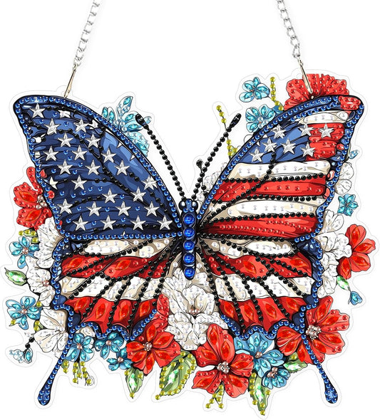Lxmsja DIY Butterfly Diamond Painting Hanging Ornament, Double-Sided Acrylic American Flag Diamond Art Kit, Special Shaped Drill Pendant Window Art Kit, Suncatcher Hanging Craft Decoration 7×8 inch